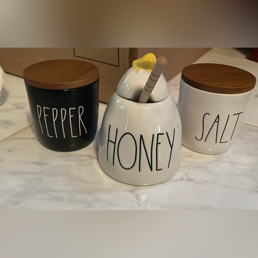 RAE DUNN Ceramic Pepper, Salt, and Honey Jar Set